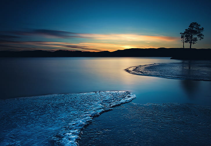 landscape, frozen lake, sunset, water, scenics - nature, beauty in nature, HD wallpaper
