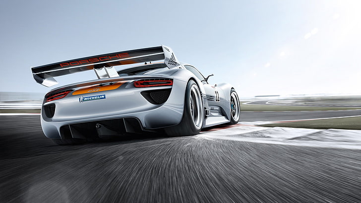 white sports coupe, car, Porsche 918 RSR, race tracks, motion blur, HD wallpaper