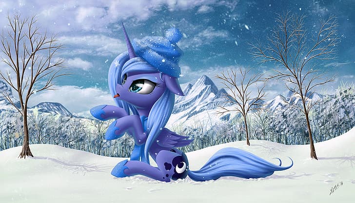 My Little Pony, Princess Luna, snow, tongue out, HD wallpaper