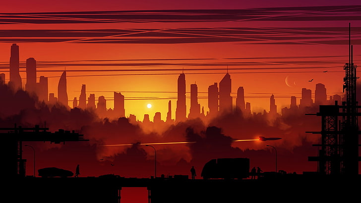 silhouette photo of city under golden hour, digital art, building, HD wallpaper
