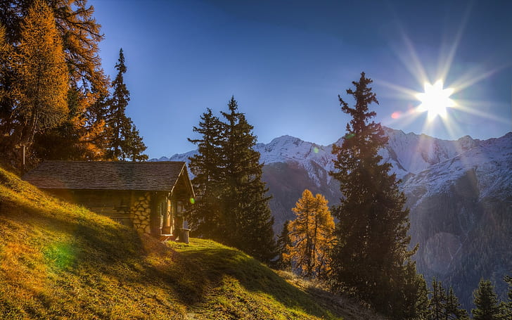 nature, landscape, cabin, mountains, sunlight, forest, grass, HD wallpaper
