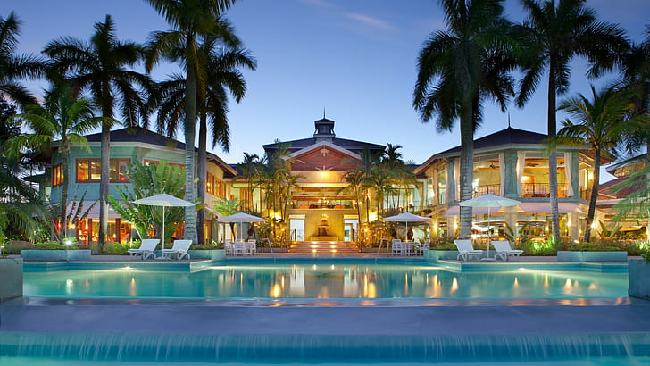 hotel, swimming pool, palm trees, HD wallpaper