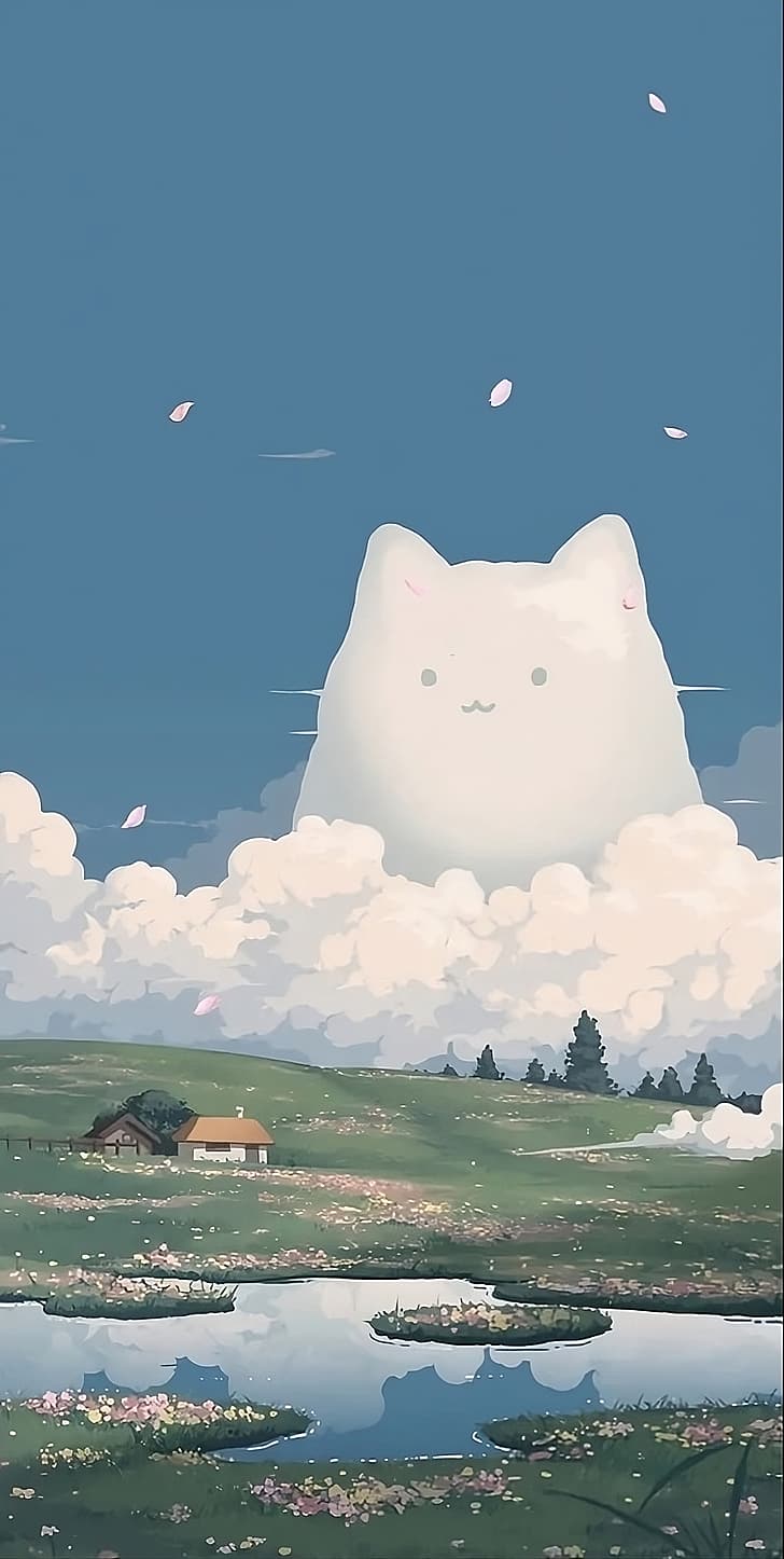 Studio Ghibli, cat boy, cat girl, clouds, landscape, rural