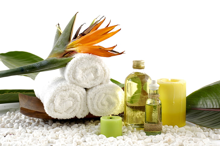 body oil and towel, leaves, flowers, candle, Spa, Spa stones, HD wallpaper