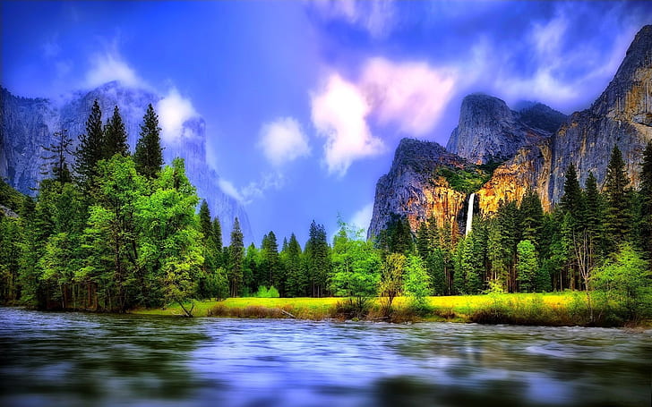 Beautiful landscape, river, forest, waterfalls, mountains, HD wallpaper