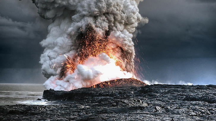 Volcano, Coast, Eruption, Lava, Sea, Smoke, Landscape, HD wallpaper