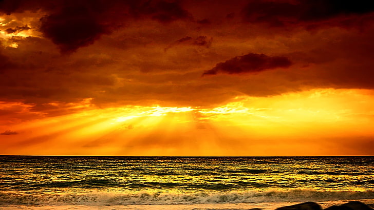 amanecer, mar, naturaleza, nubes, playa, water, sea, sky, horizon over water, HD wallpaper