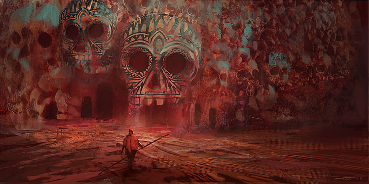 person in orange hoodie illustration, skull, cave, fantasy art, HD wallpaper