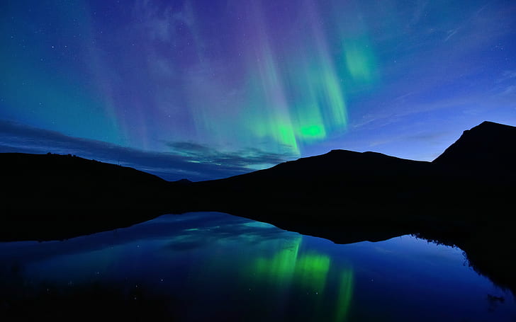 Norway, night, Northern lights, blue, lake, water reflection