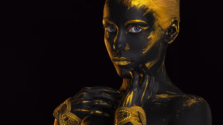 digital art, gold, women, dark, portrait, hands, colorful, blue eyes