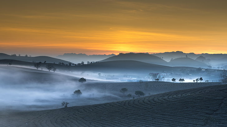 morning, misty, farmyard, countryside, village, hill, hills