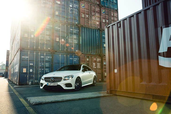 Mercedes-Benz, white, car, containers, lens flare