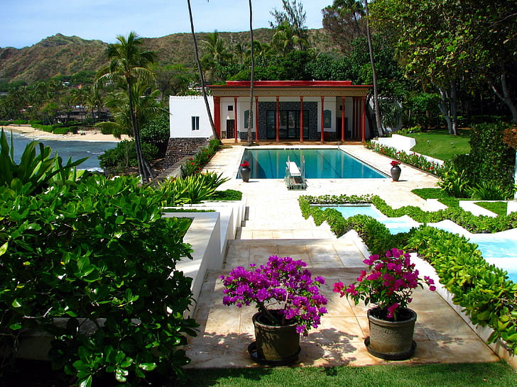 Beach Villa with Pool Oahu Hawaii, luxurious, garden, flowers, HD wallpaper