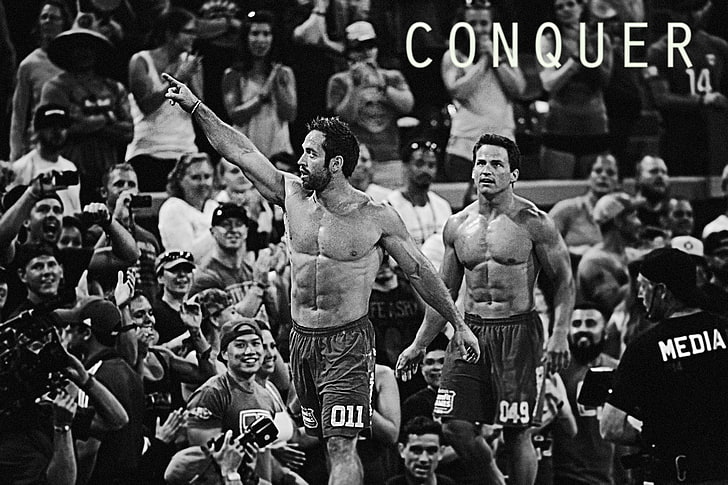 grayscale photo of man, CrossFit, Rich Froning Jr., crowd, sport