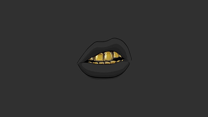 human lips with gold-colored teeth, open mouth, simple background