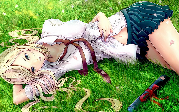 female anime character lying on ground poster, blonde, original characters