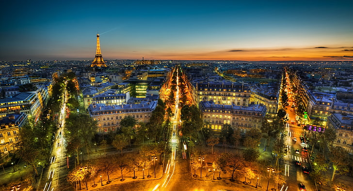 Eiffel Tower, the sky, trees, night, clouds, the city, lights