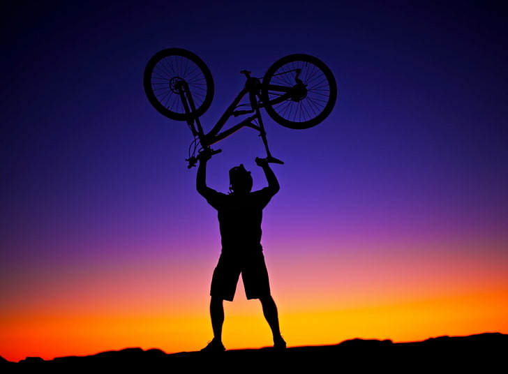 Victory, silhouette of bicycle, Sports, Biking, Portrait, Sunset, HD wallpaper