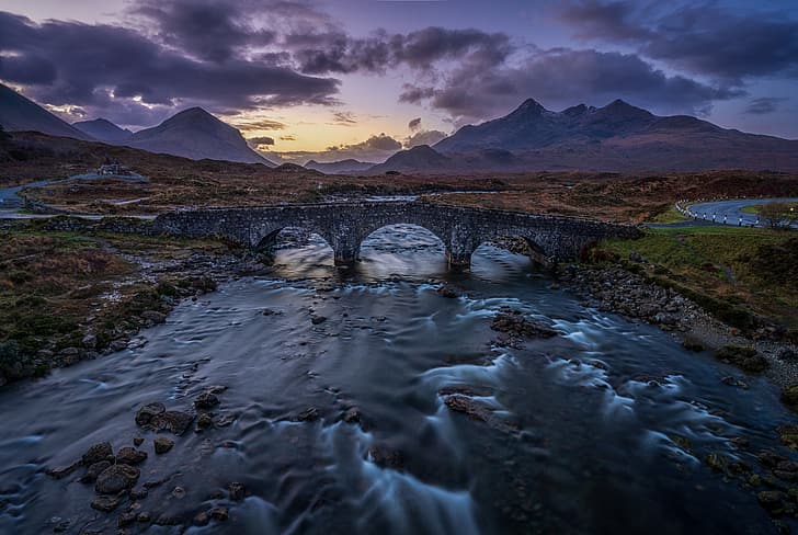 mountains, bridge, river, Scotland, Isle Of Skye, Cuillin Mountains, HD wallpaper