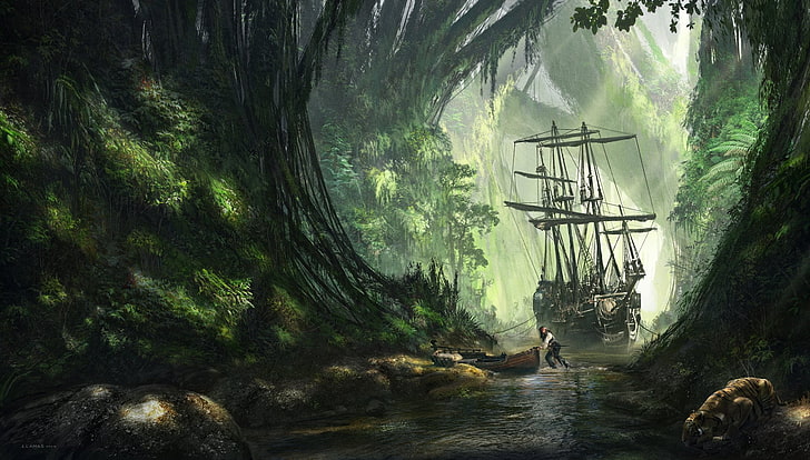 HD wallpaper: Fantasy, Ship, Forest, Jack Sparrow, Pirate, River, Tiger |  Wallpaper Flare