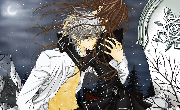 male and female anime charcter, snow, night, the wind, the moon, HD wallpaper