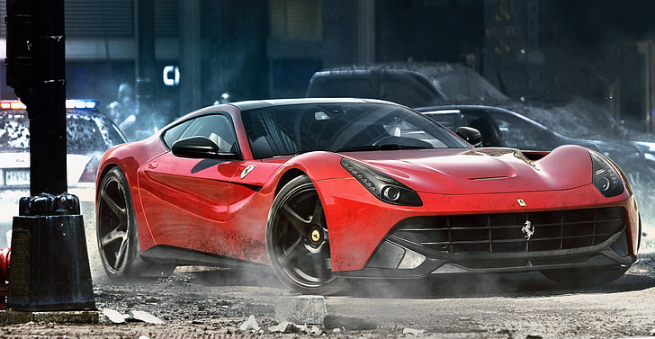 red and black Ferrari, Ferrari F12, street, car, Need for Speed