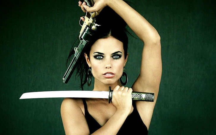 females-girls-sexy-weapons-guns-pistol-katana, women, HD wallpaper