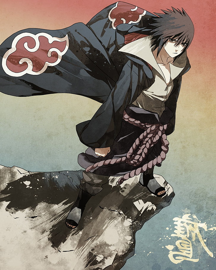 Akatsuki, Anime Boys, cliff, Naruto Shippuuden, Uchiha Sasuke, HD wallpaper