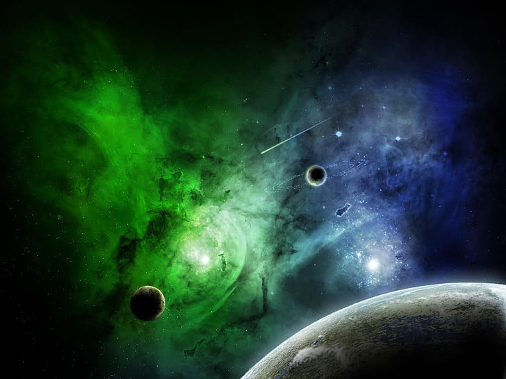 green and blue galaxy illustration, space, planet, space art