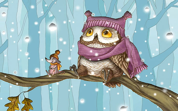 owl, snow, birds, branch, winter, HD wallpaper