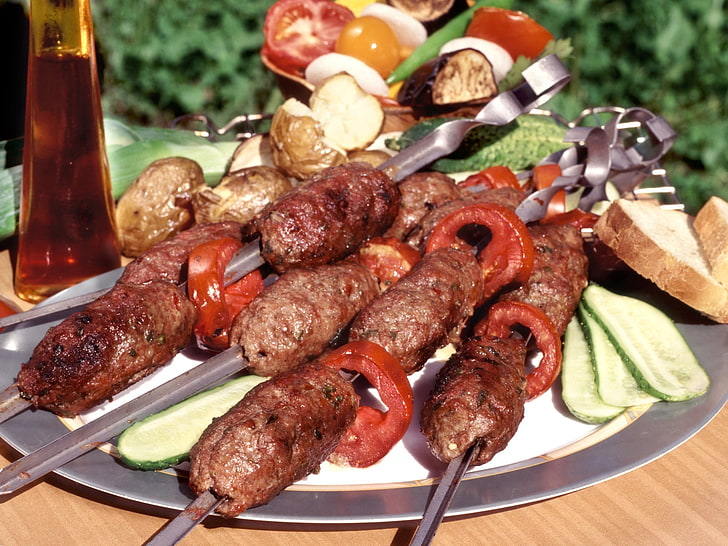 tray of grilled meat, kebab, shish kebab, meat skewers, food