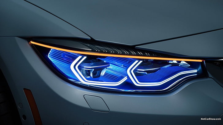 white car, BMW M4 Iconic Lights Concept, blue, illuminated, text, HD wallpaper