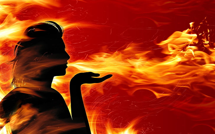 person blowing illustration, girl, fire, flame, hand, red, fire - Natural Phenomenon, HD wallpaper