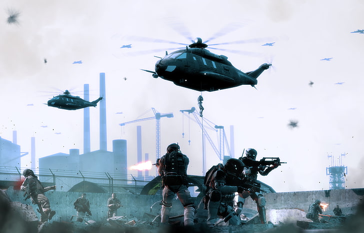 soldiers under two helicopters digital wallpaper, video games