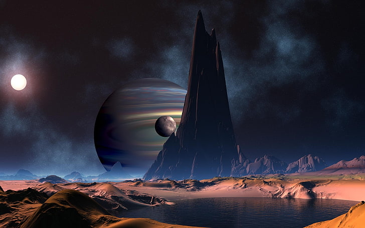 mountains outer space planets desert moon science fiction lakes 1920x1200  Nature Lakes HD Art