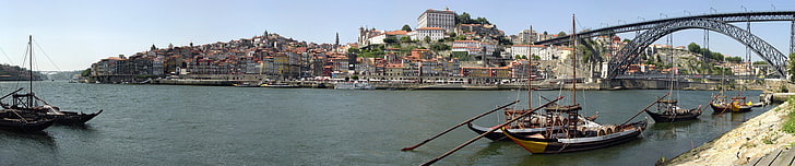 city, triple screen, wide angle, Porto, cityscape, bridge, nautical vessel