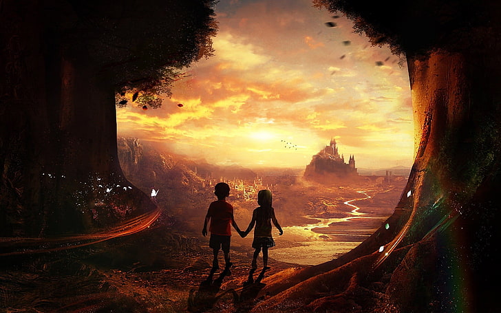 boy and girl holding hands digital wallpaper, fantasy art, children