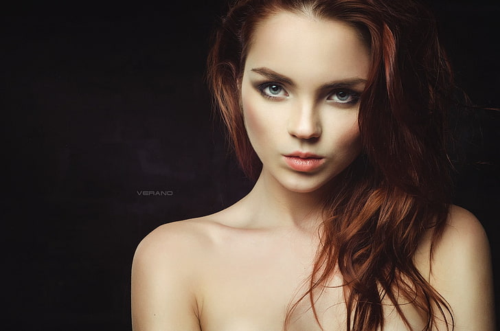 women's brown hair, Ekaterina Sherzhukova, face, portrait, simple background