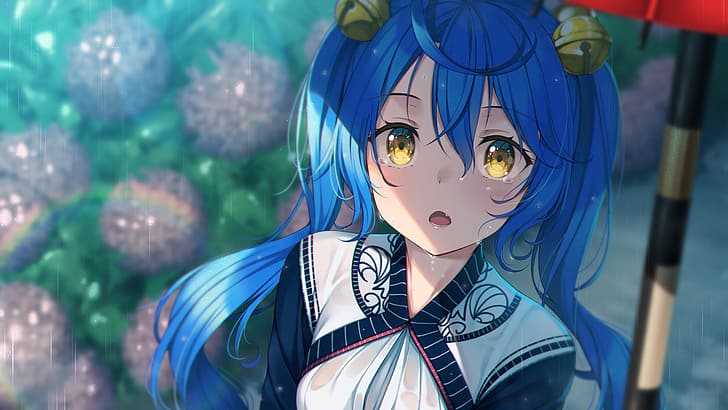 Anime girl with blue hair and yellow headband - wide 9