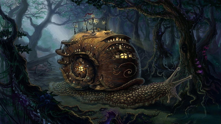 snail house wallpaper, fantasy art, digital art, forest, trees