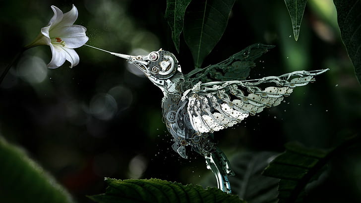 animals, digital art, flowers, hummingbirds, machine, colibri (bird), HD wallpaper