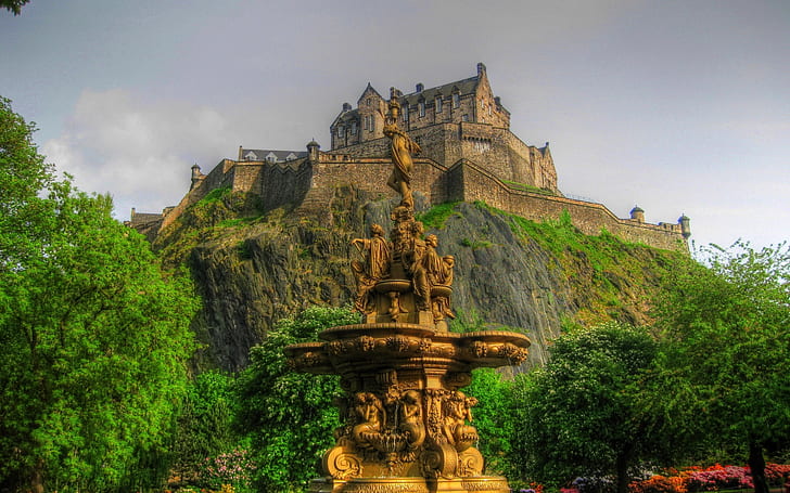 Edinburgh Castle Scotland, fountain, HD wallpaper