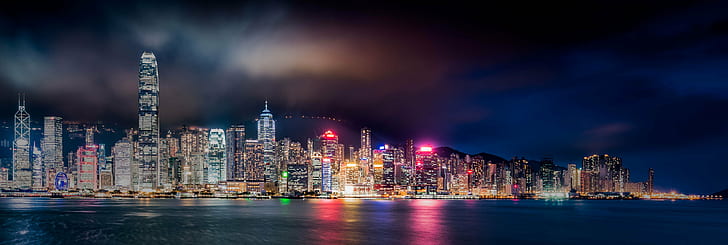 panoramic photography of city lights near body of water during night time, hongkong, china, hongkong, china