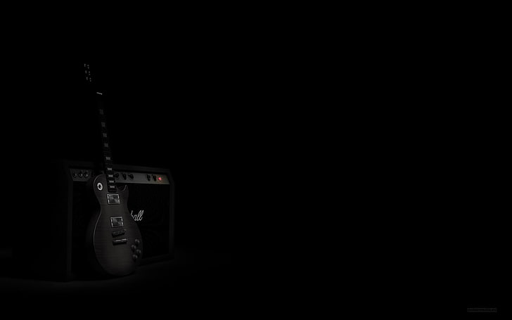black electric guitar and amplifier, darkness, speaker, equipment