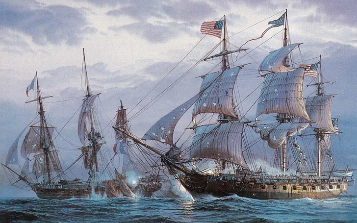 two brown galleon ships illustration, painting, sailing ship, HD wallpaper