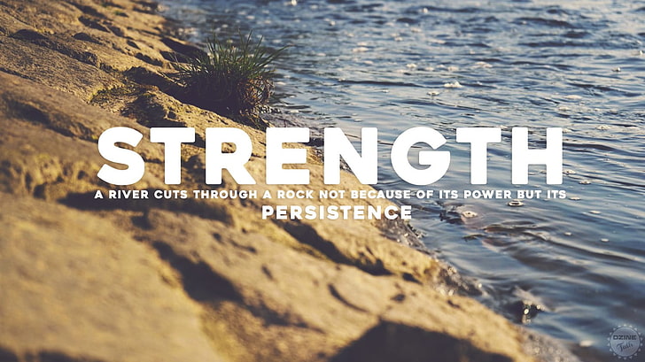 strength text on body of water background, rock, blue, brown, HD wallpaper