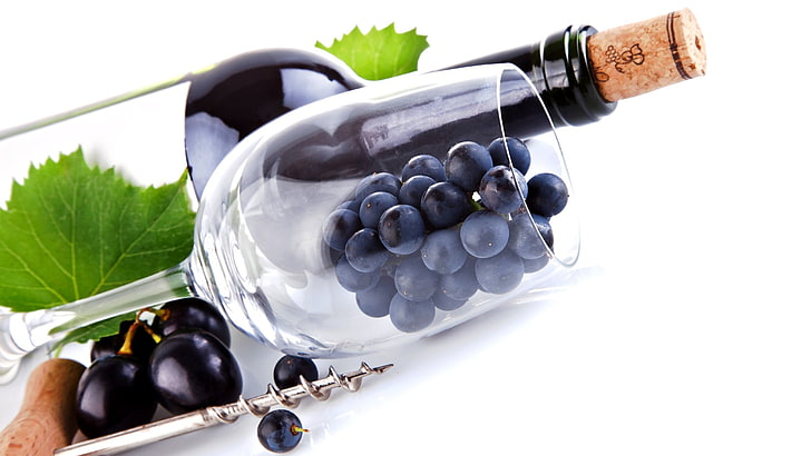 food, wine, grapes, white background, bottles, drinking glass
