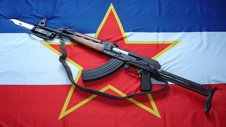 black and brown AK-47 assault rifle, weapons, star, flag, machine, HD wallpaper