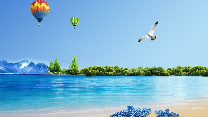 Balloon Fun Summer, mountain, trees, spring, beach, birds, ocean