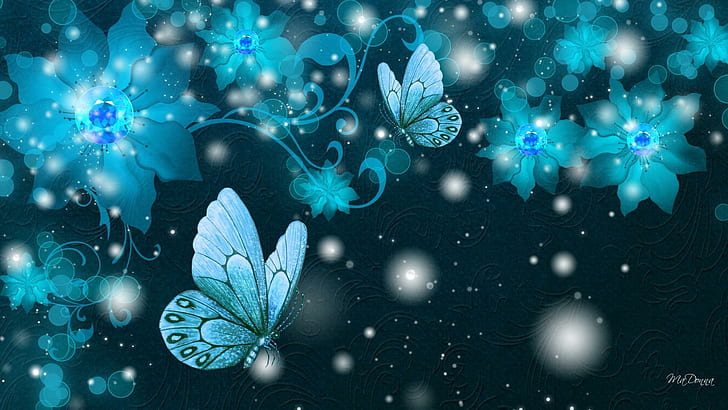 Shine Of Cyan, flowers, papillon, floral, butterfly, turquoise, HD wallpaper